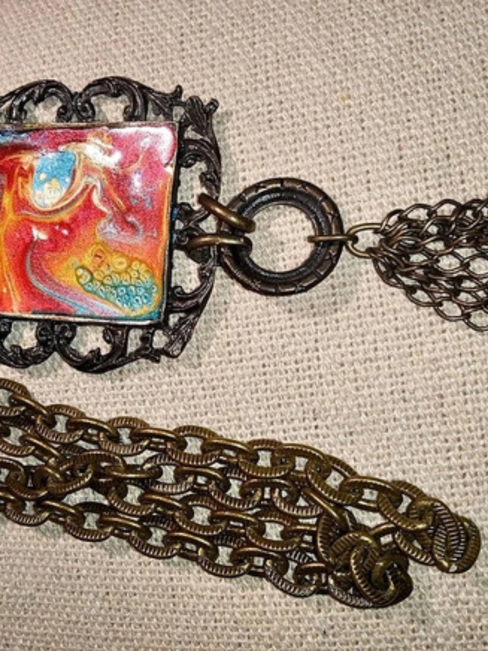 Brass Cabochon Brass Tone Metal Necklace With Romantic Couple Cameo Design
